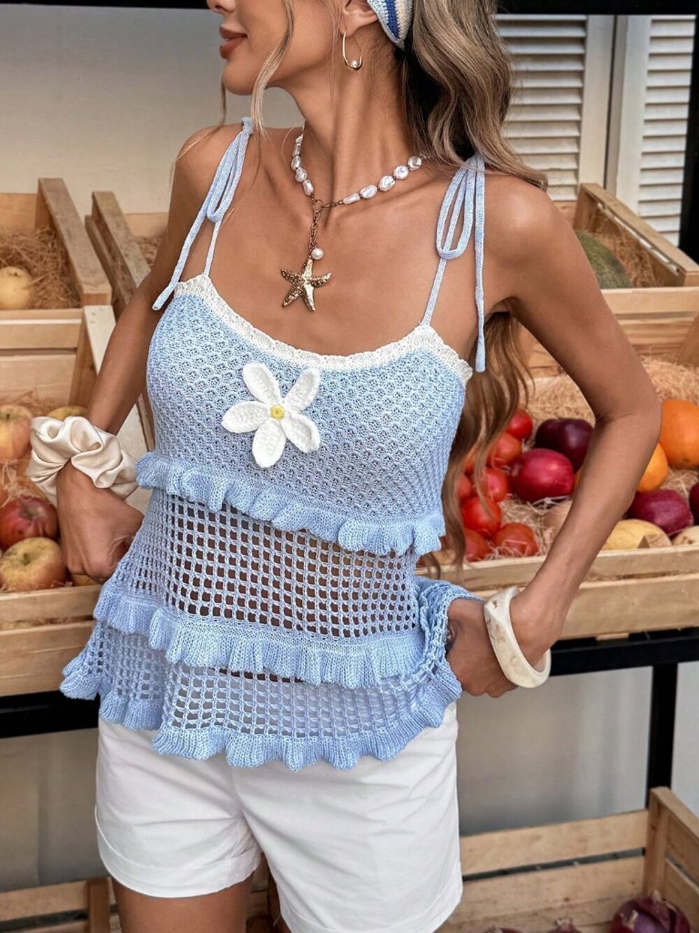 Blue Casual Women's Elegant Tie-Up 3d Floral Design knit top